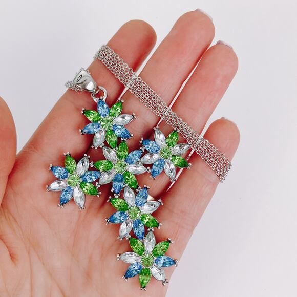Vintage Large Silver Tone Floral Rhinestone Cross Pendant Necklace Blue Green - Picture 3 of 11